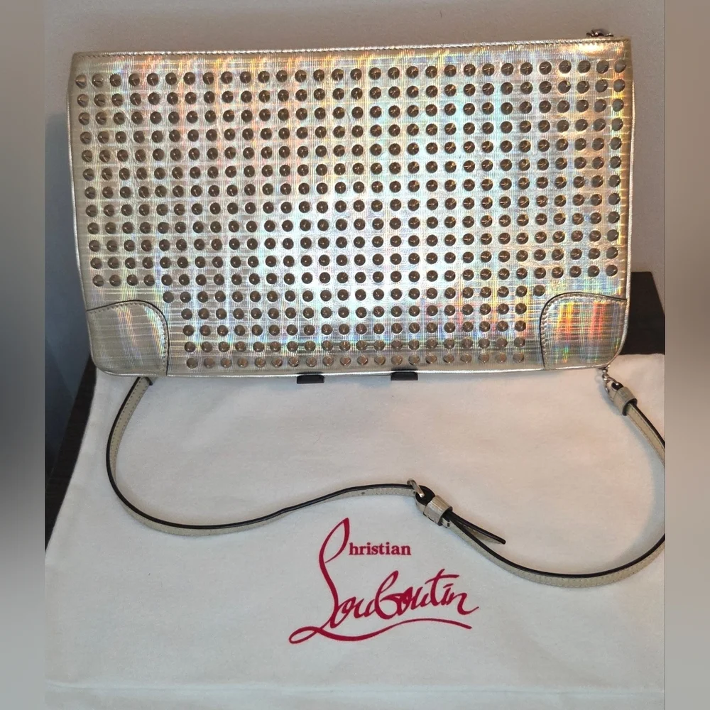 Christian Louboutin Loubiposh Studded Clutch Crossbody Galactic Silver W/COA
